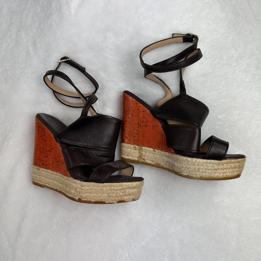Bettye Muller Womens Black Leather‎ Shoes Espadrille Orange Wedge Heels 36 5.5